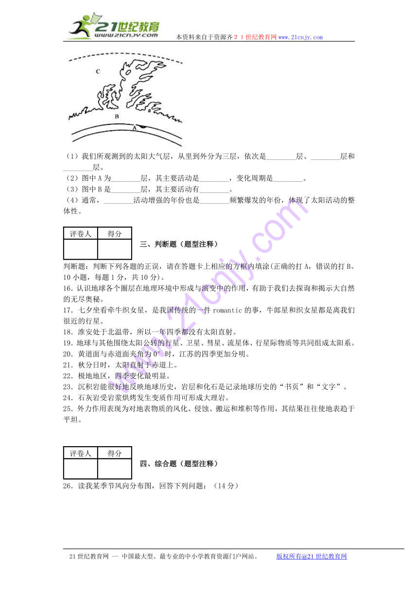 2014-2015学年高中地理湘教版期末模拟试卷 必修一