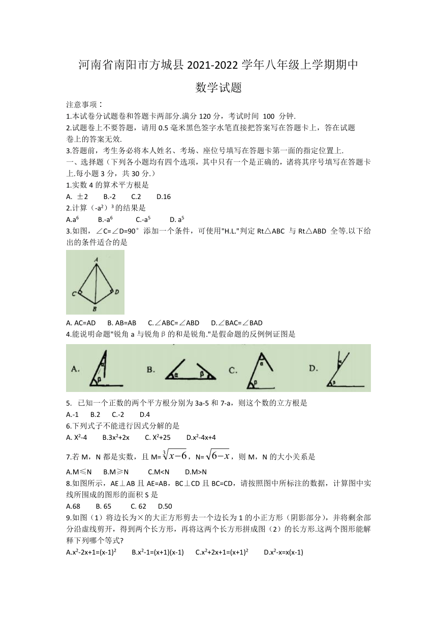 河南省南阳市方城县2021-2022学年八年级上学期期中考试数学（word版含图片答案）