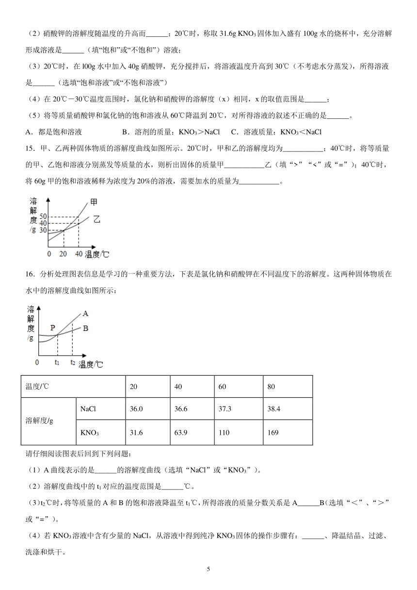 专题6 物质的溶解 拔高训练（1）——2020-2021学年仁爱版化学九年级（word版 含解析）