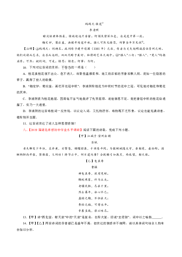 2019年中考语文模拟卷分类汇编13：诗歌鉴赏