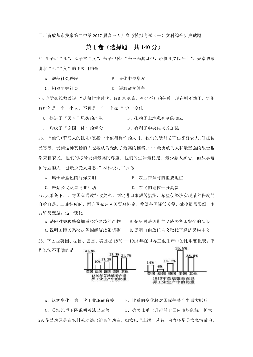 四川省成都市龙泉第二中学2017届高三5月高考模拟考试（一）文科综合历史试题