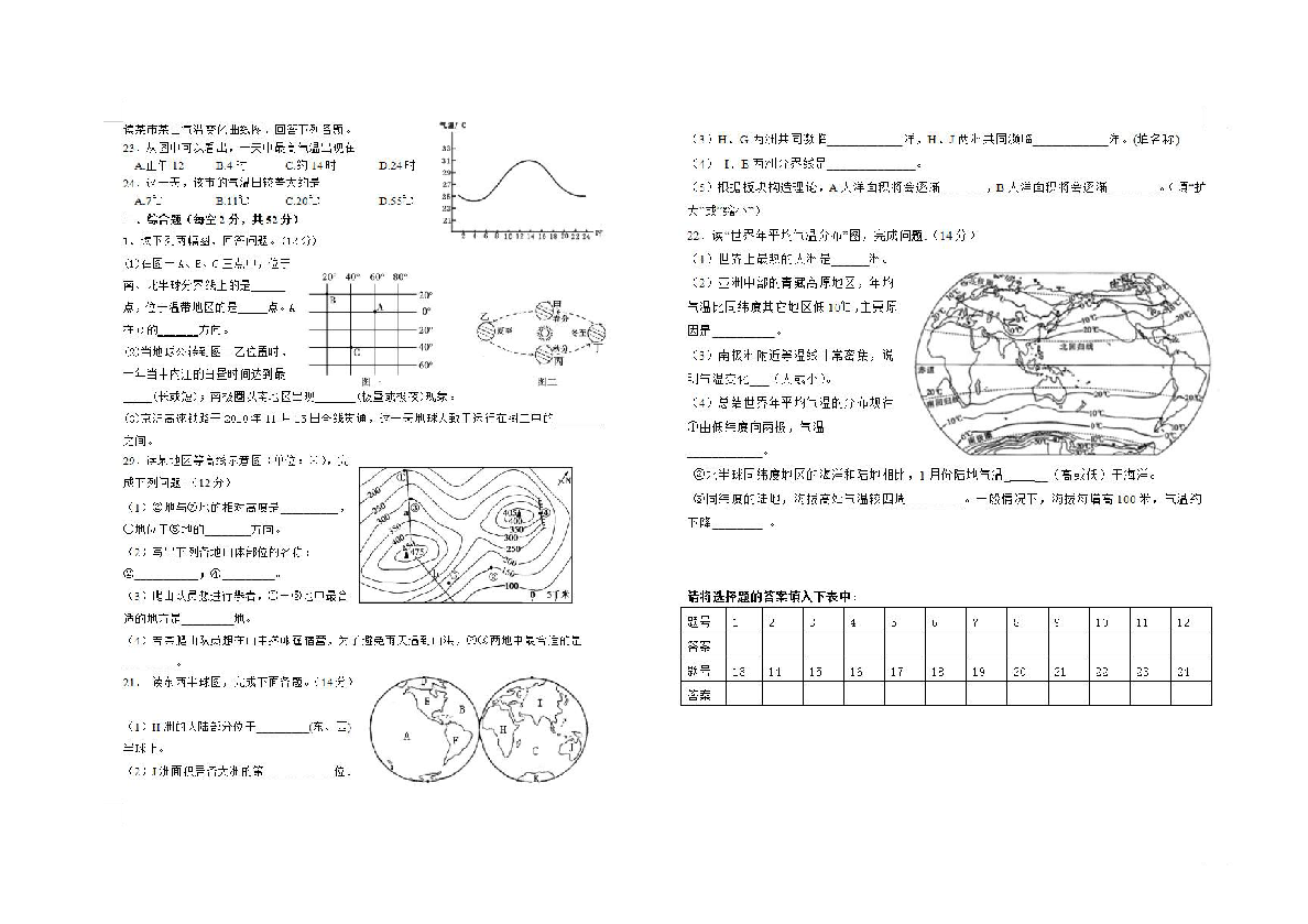 人教版2019-2020四川内江隆昌三中初一下册第1次月考地理测试题（高清图片版无答案）