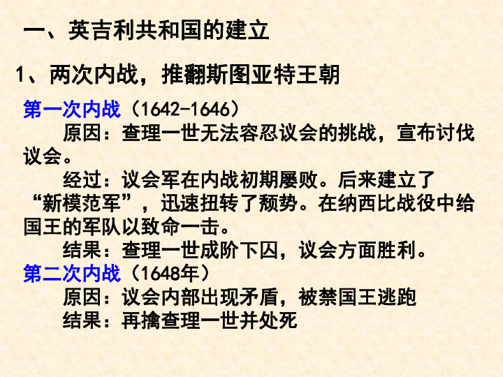 简述议会处死国王查理一世,建立"护国政体"和斯图亚特王朝复辟的史实