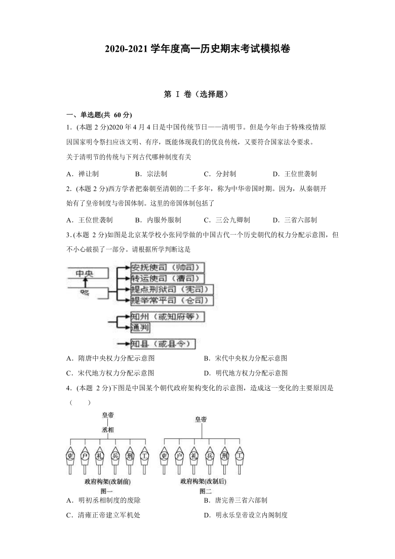 2020-2021学年第一学期甘肃省武威市高一历史期末考试模拟卷word版