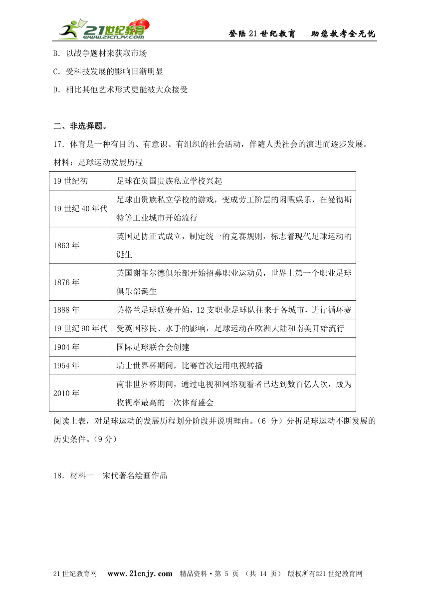 备考2016年高考历史“新课标好题”二轮专题汇编之专题21  19世纪以来的世界文学艺术（含精析）