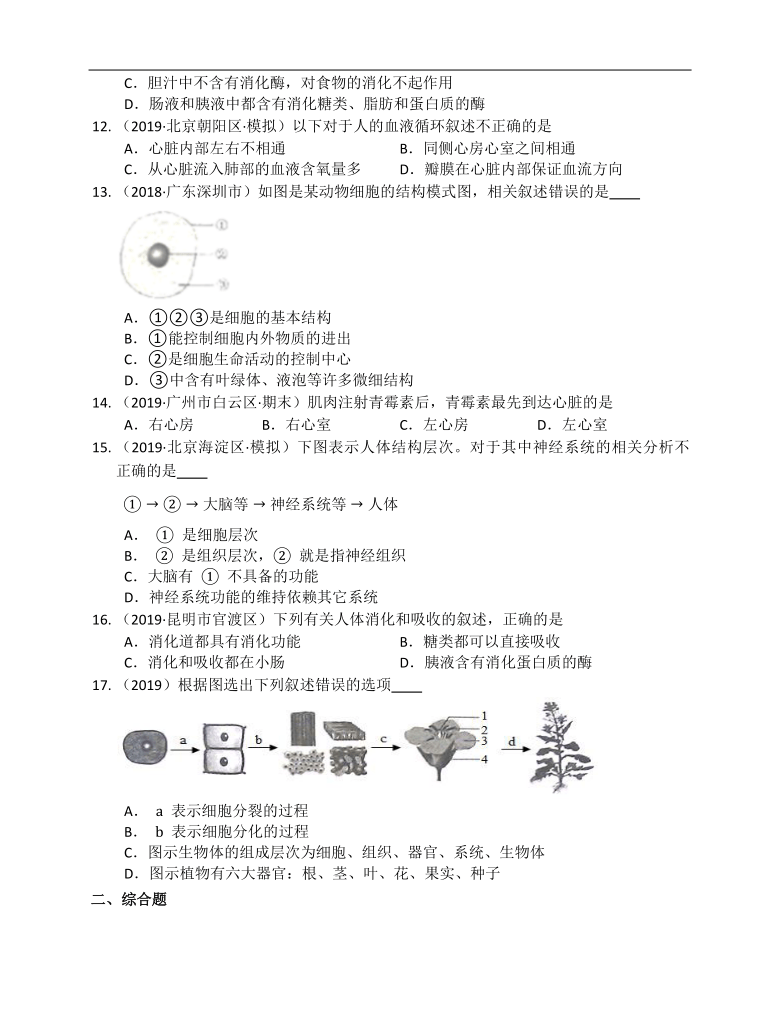 沪教版生物第一册第1章人体生命活动的基本条件单元练习（word版含答案）