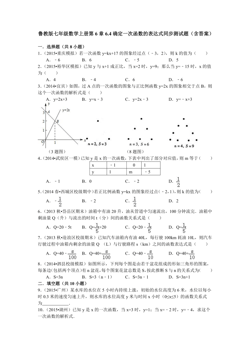 鲁教版七年级数学上册第6章6.4确定一次函数的表达式同步测试题（含答案）