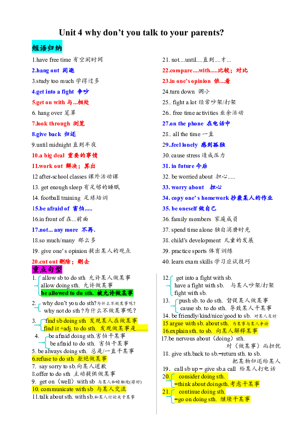 Unit 4 Why don’t you talk to your parents? 重点短语+重点句型+重点知识