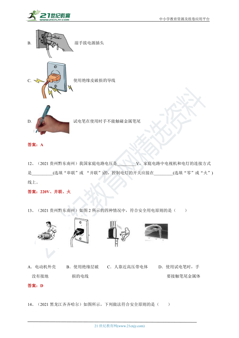 【备考2022】2021中考物理真题分类汇编80套专项突破24---家庭电路（含答案或解析）