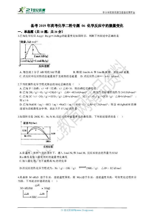 备考2019年高考化学二轮专题 06 化学反应中的能量变化（含解析）