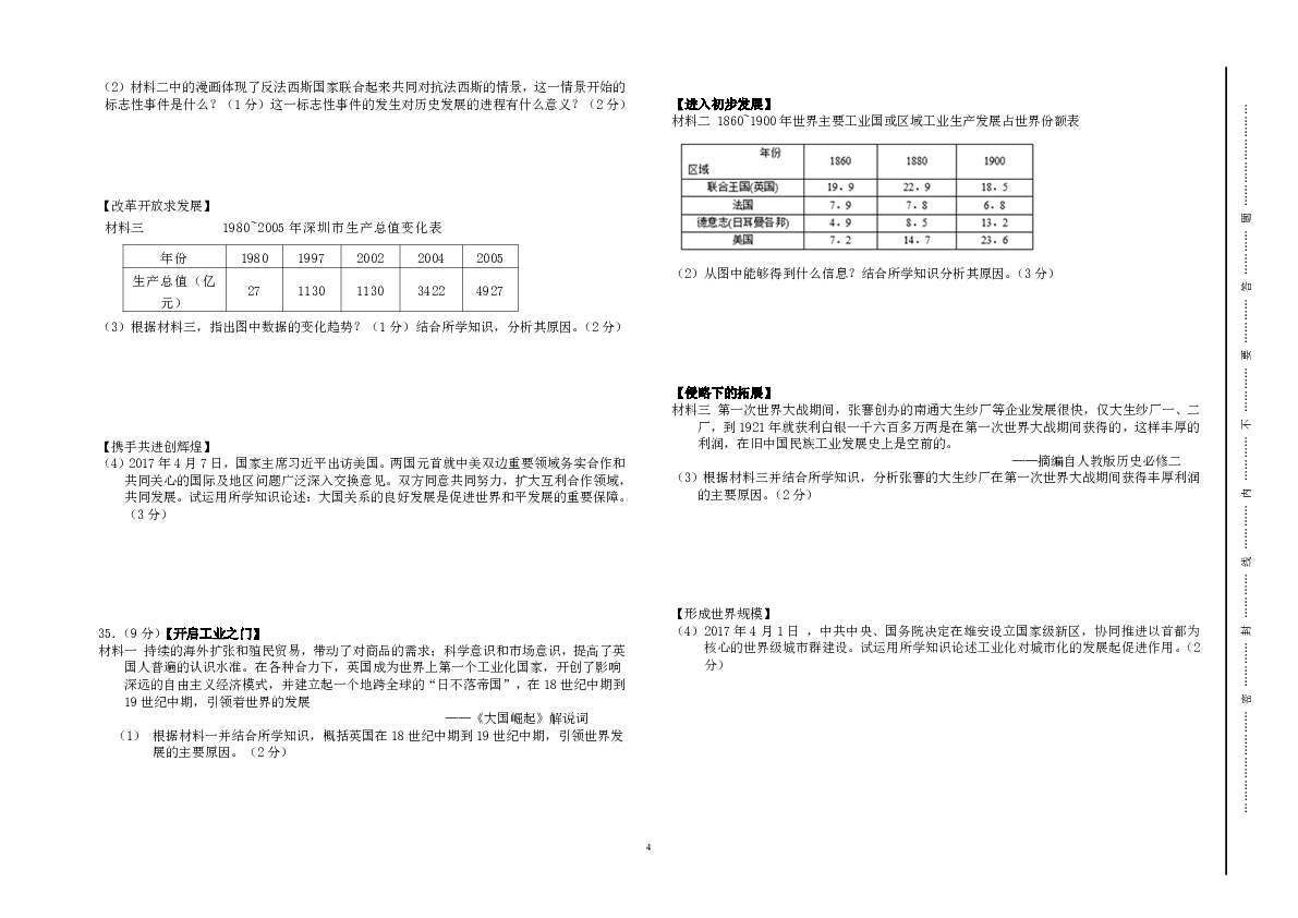 2020年重点高中自主招生考试历史试卷（PDF版  含答案）