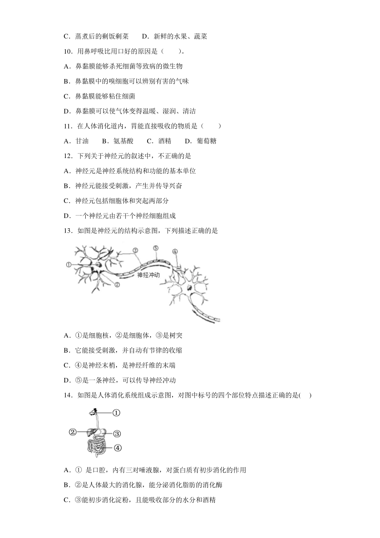 2020-2021学年人教版生物七年级下册第四单元《生物圈中的人》测试题（含答案）