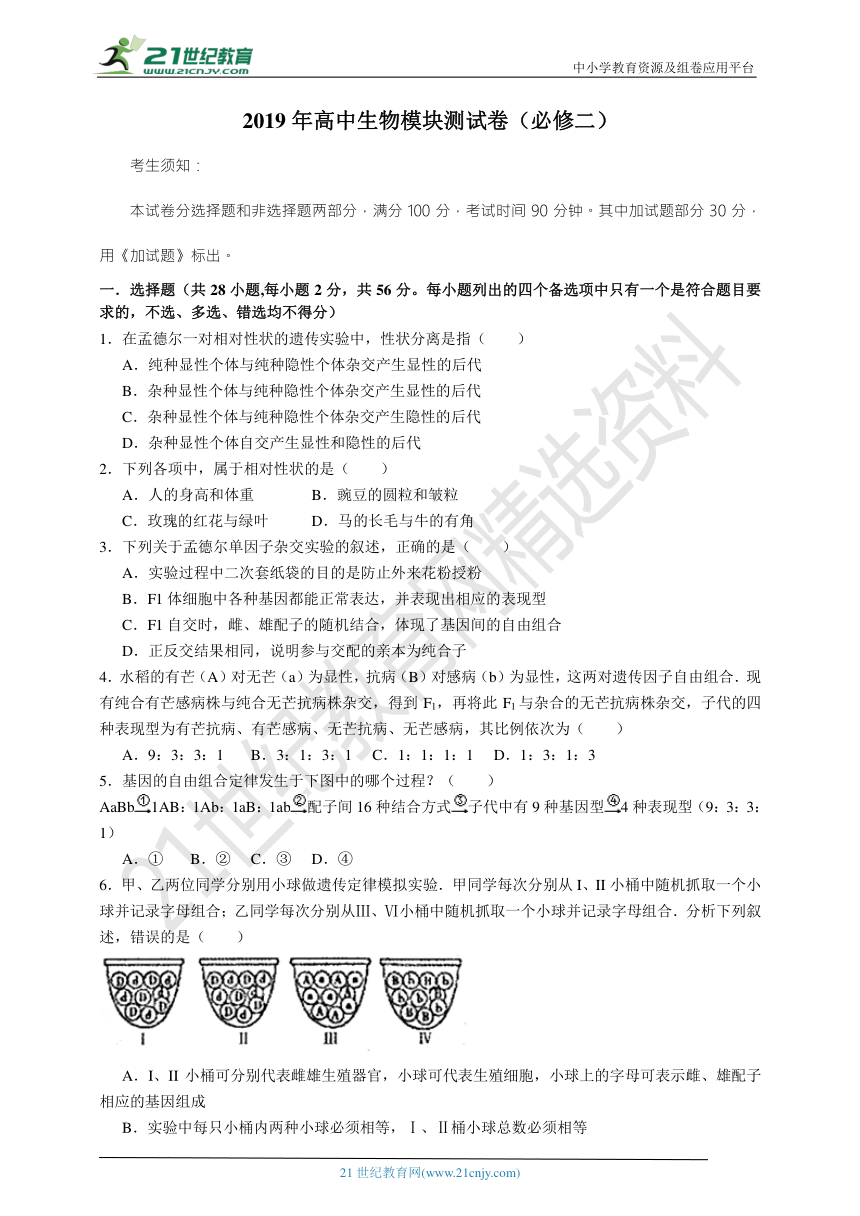 1号卷：2019年高中生物模块测试卷（必修二）（1）