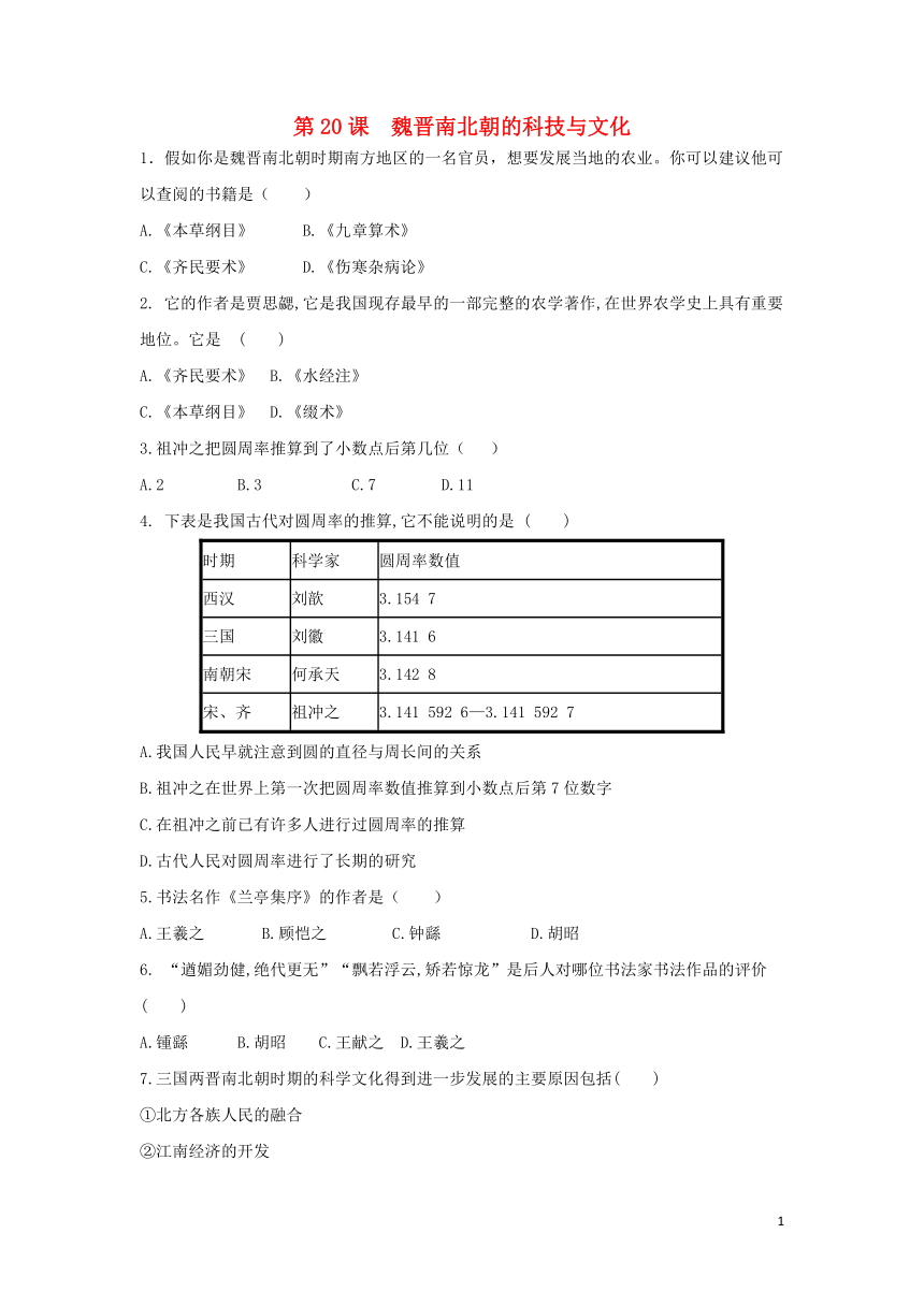 2018七年级历史上册第四单元三国两晋南北朝时期政权分立与民族交融第20课魏晋南北朝的科技与文化课后练习题（无答案）部编版