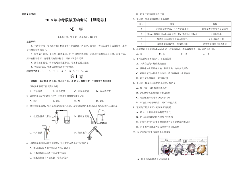 2018年中考模拟压轴考试 （湖南卷）化学卷