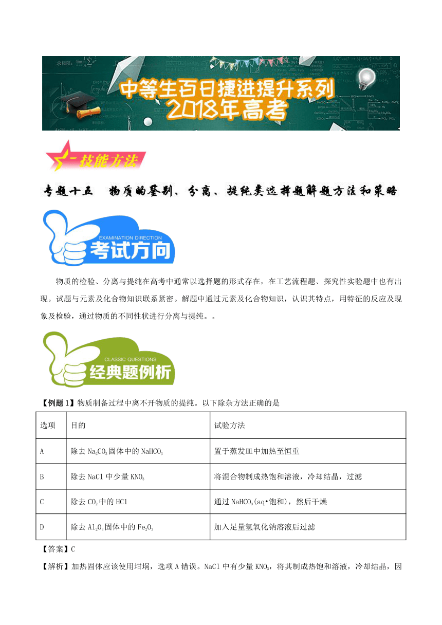 2018年高考化学备考中等生百日捷进提升系列（技能方法）专题15+物质的鉴别、分离、提纯类选择题解题方法和策略