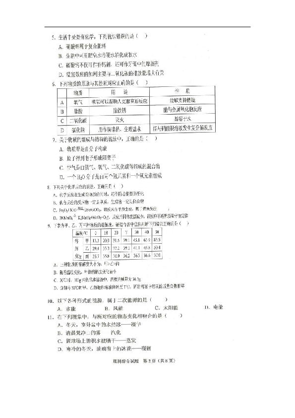 2019年贵州省铜仁市中考理综试题（扫描版，无答案）