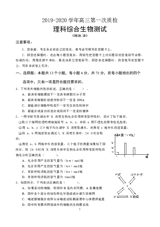 广东省梅州市2020届高三上学期第一次质量检测生物试题 Word版含答案