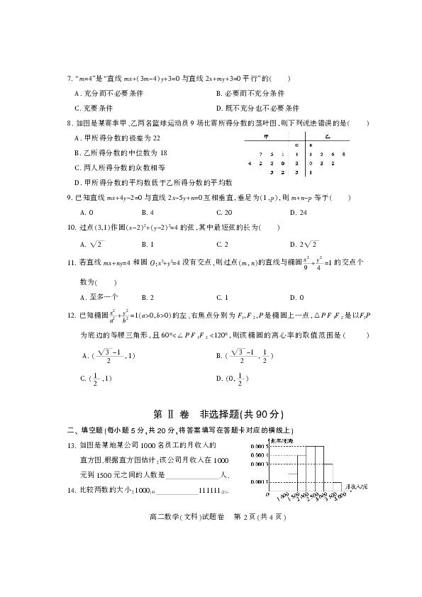 四川省凉山州北大金阳附属实验学校2019-2020高二上学期期末考试数学（文）试卷 PDF版含答案