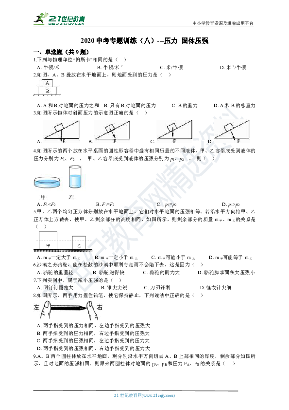2020年人教版中考物理考前专题训练八 压力 固体压强（含答案及解析）