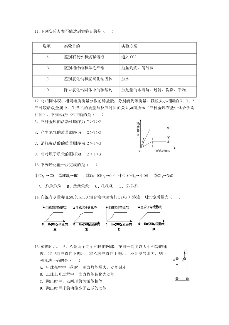 浙江省杭州萧山高桥初中教育集团2020-2021学年第一学期九年级科学期中学情调研试题卷（word版，含答案）