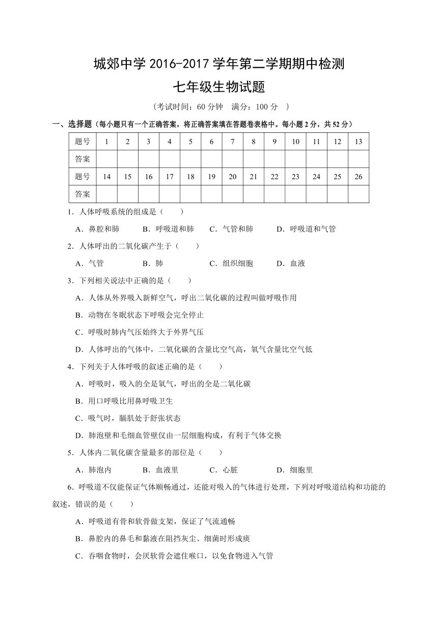 福建武平城郊初级中学16-17学年七年级下期中试卷--生物（无答案）