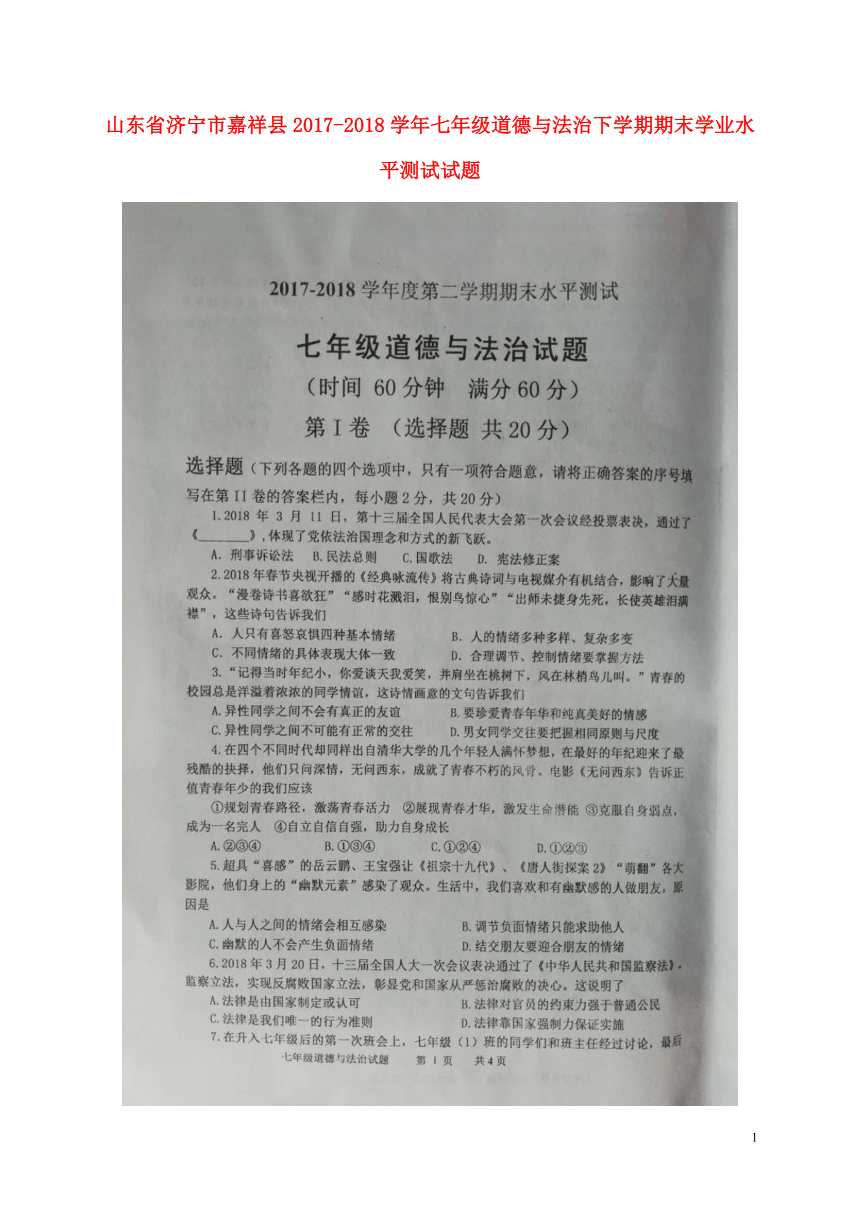 山东省济宁市嘉祥县2017-2018学年七年级道德与法治下学期期末学业水平测试试题（扫描版，有答案）