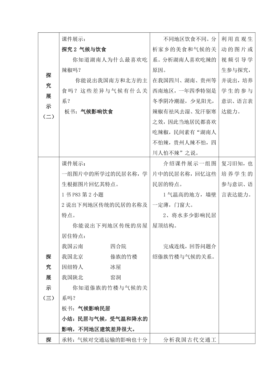 商务星球版地理七年级上册 第四章 活动课 气候与我们的生产生活教案（表格式）