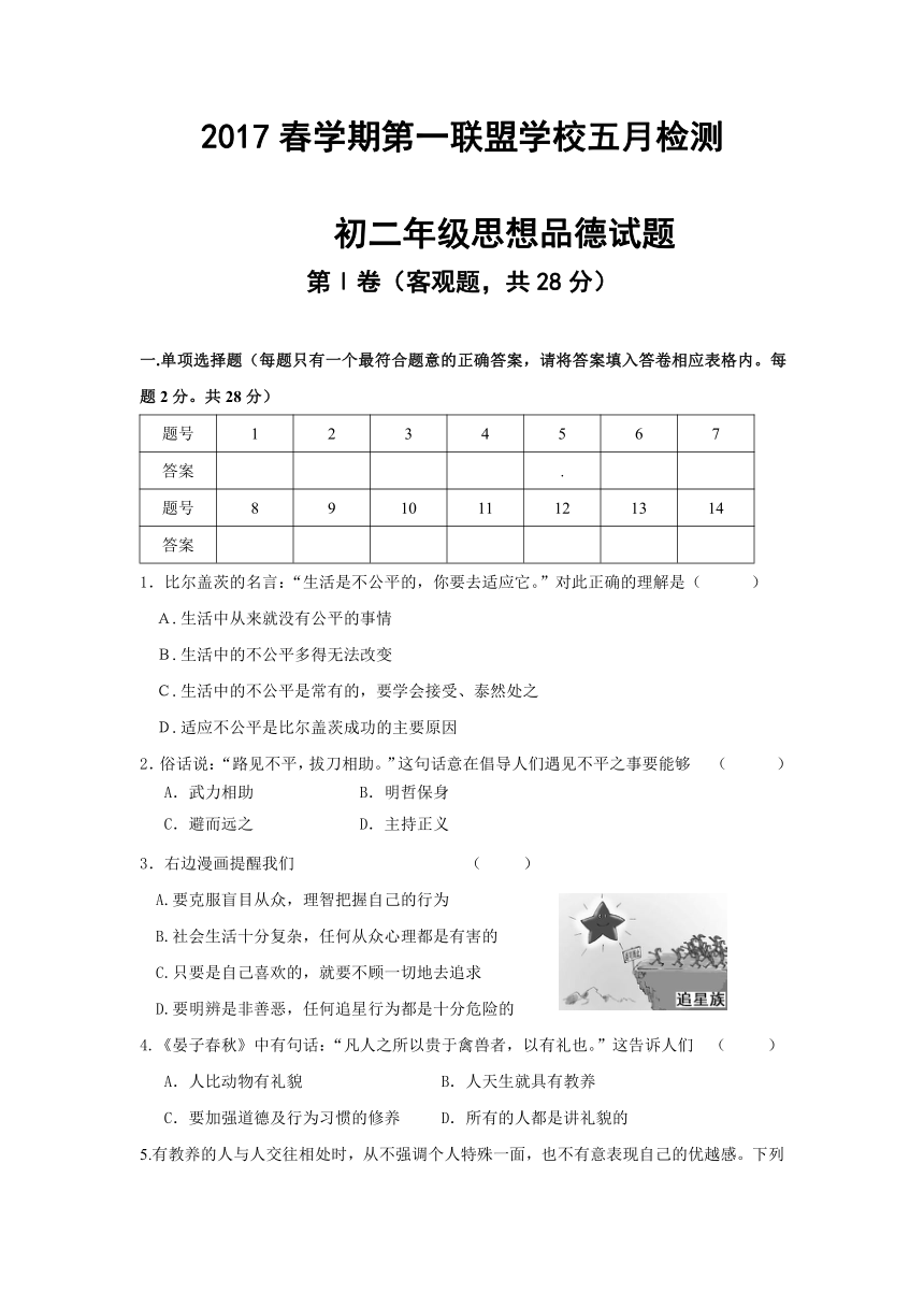 江苏省东台市第一教育联盟2016-2017学年八年级下学期第二次（5月）月考政治试卷