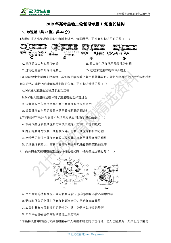 2019年高考生物二轮复习 专题1 细胞的结构