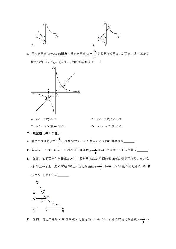 2020中考数学一轮复习《反比例函数》基础（常考）综合提升训练（解析版）