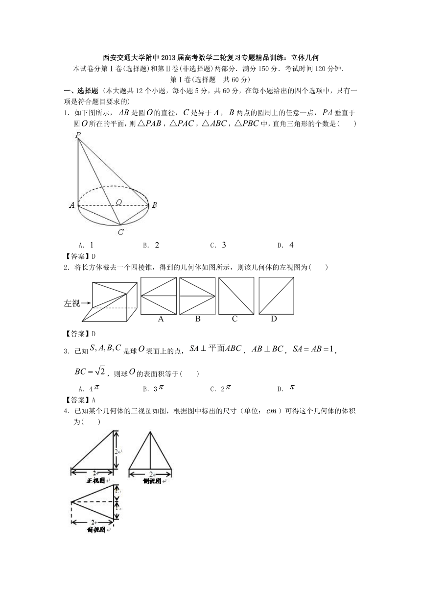 西安交通大学附中2013届高考数学二轮复习专题精品训练：立体几何