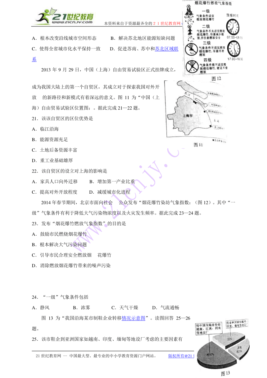 2014年江苏省学业水平测试(必修科目)地理试题及答案