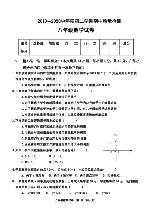 河北省抚宁区留守营学区2019—2020学年度第二学期八年级数学期中质量检测卷（word版，含答案）