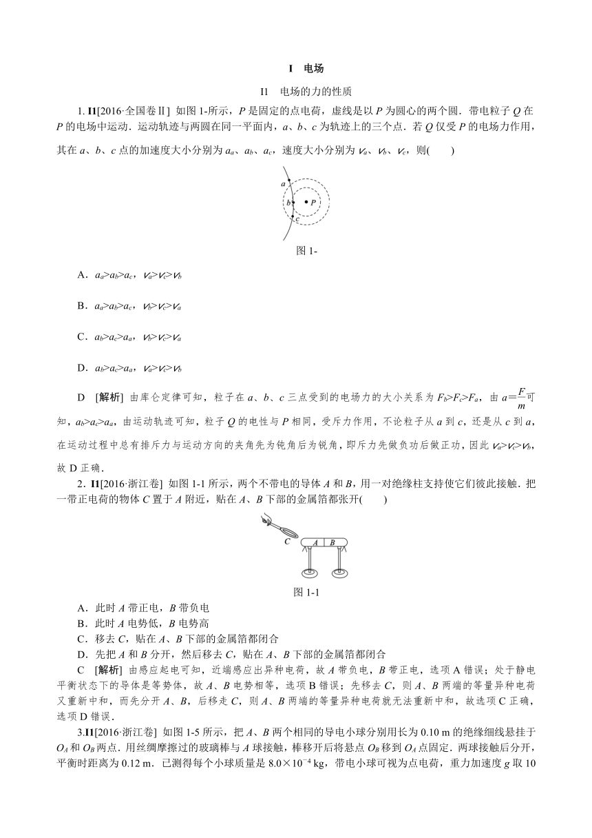 2016年高考物理真题专题汇编 专题I：电场（含解析）