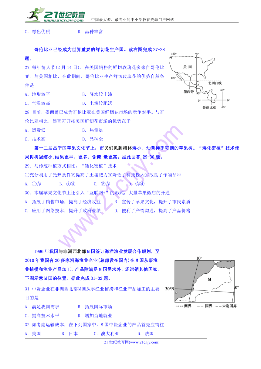 四川省成都外国语学校高新校区2017-2018学年高一下学期期中考试地理试题 Word版含答案