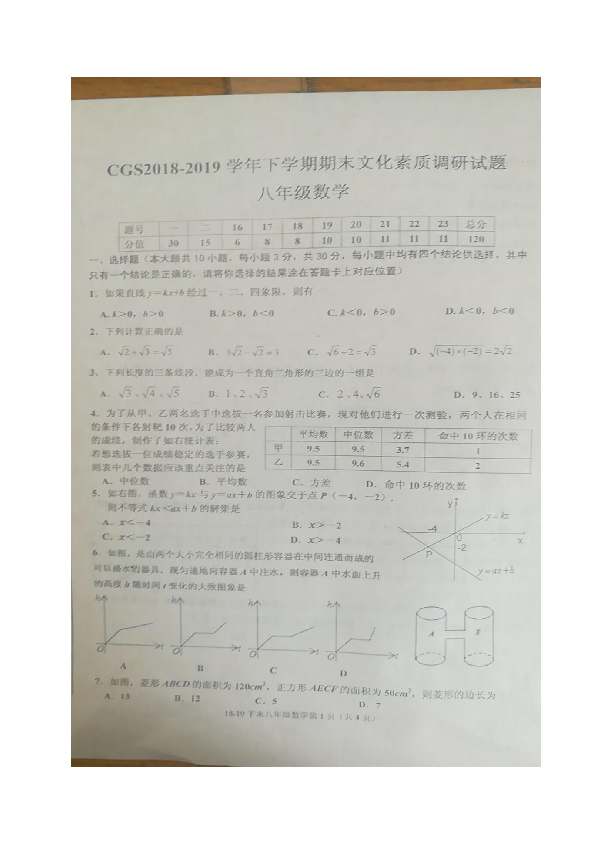 河南省长葛市2018-2019学年八年级下学期期末考试数学试题（图片版，无答案）
