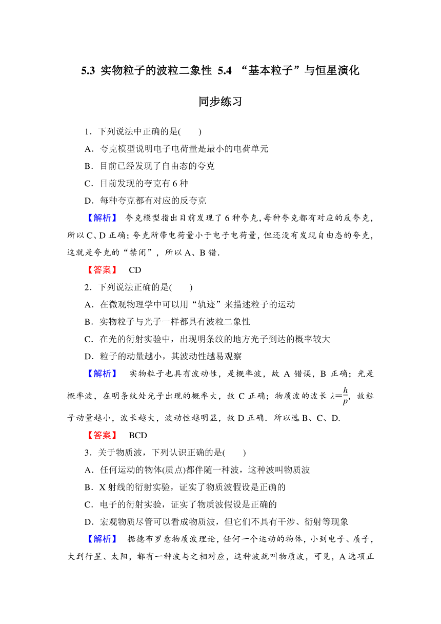 5.3 实物粒子的波粒二象性 5.4 “基本粒子”与恒星演化  同步练习 (含答案解析)