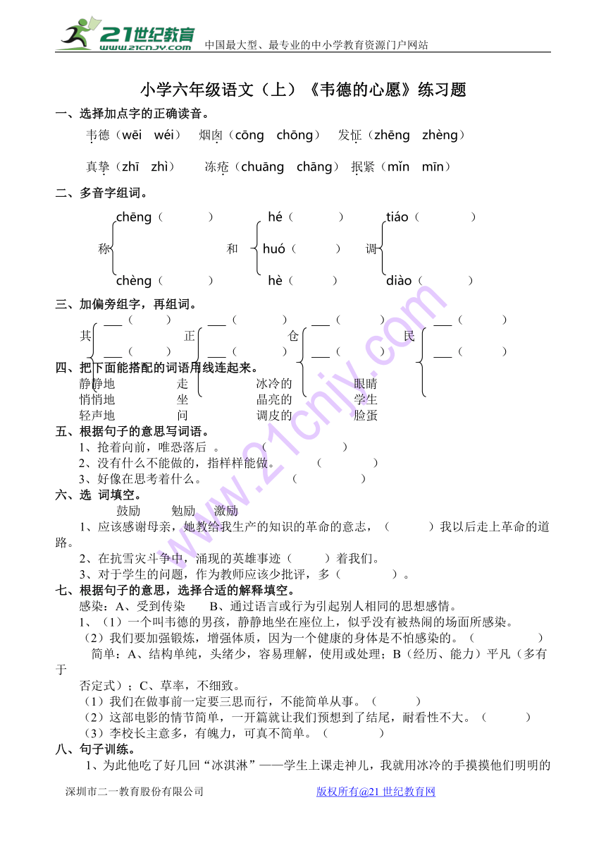 小学六年级语文（上）《韦德的心愿》练习题（含答案）