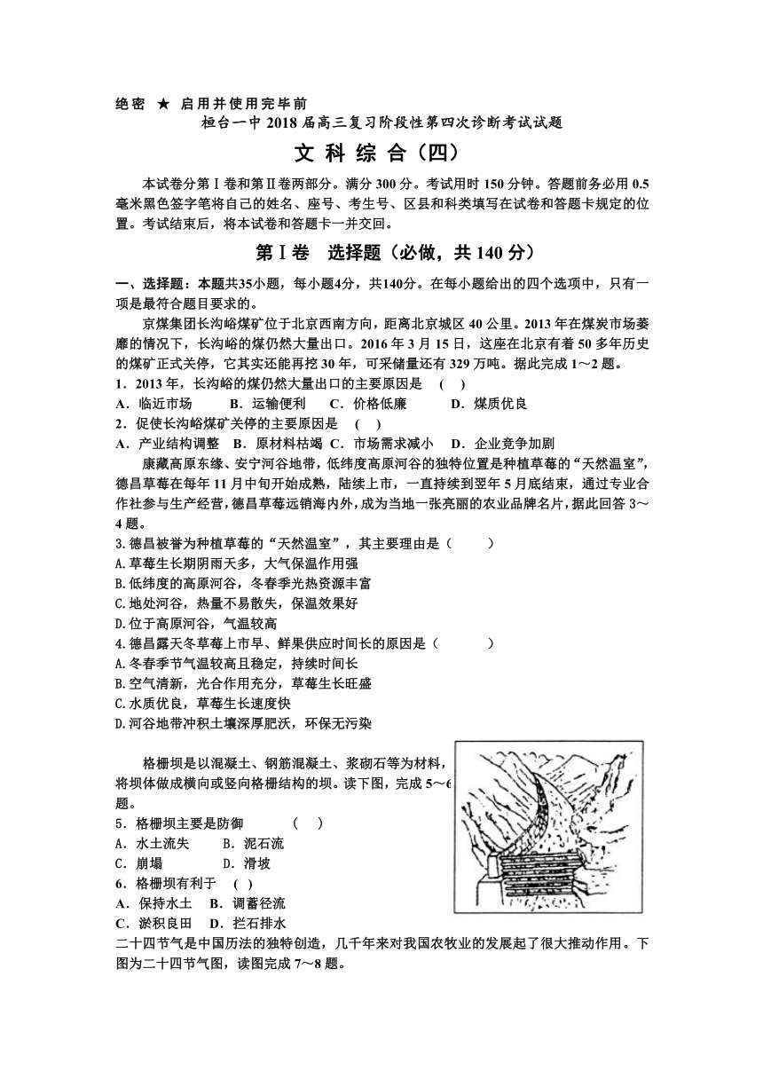 山东省淄博市桓台第一中学2018届高三上学期阶段性测试（四）文综试题