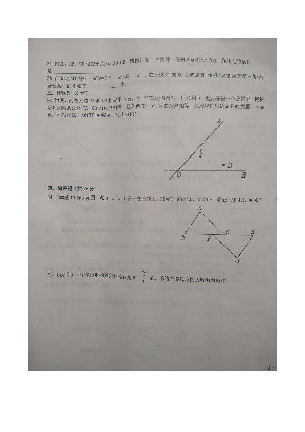 甘肃省庆阳市镇原县2018-2019学年第一学期八年级数学上册期中试卷（图片版 含答案）