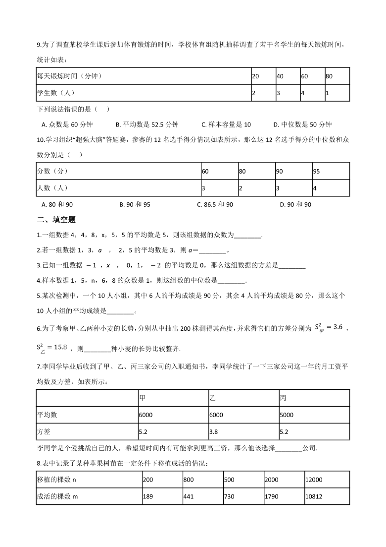 2020-2021学年人教版八年级数学下册   第二十章 《数据的分析》 单元测试卷（word版含答案）