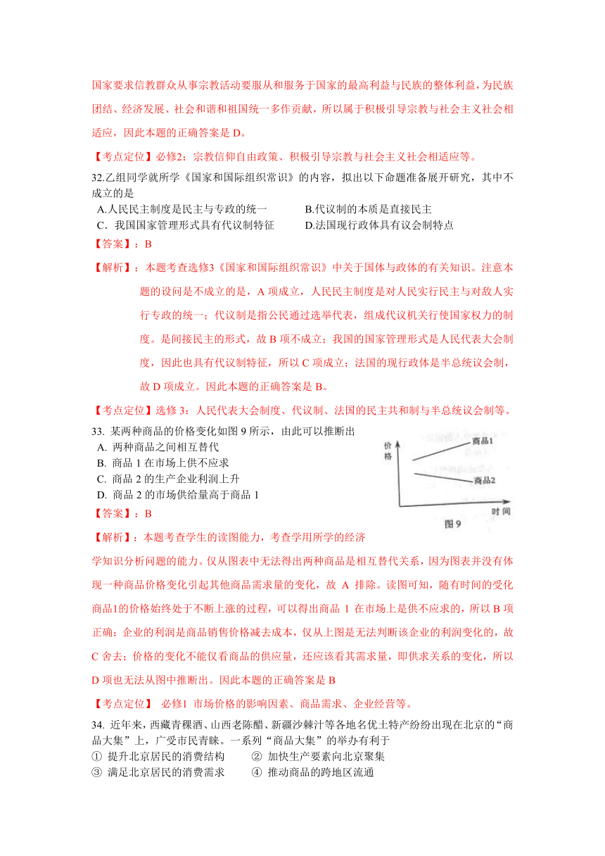 2012年高考真题——文综政治部分（北京卷）解析版（1）