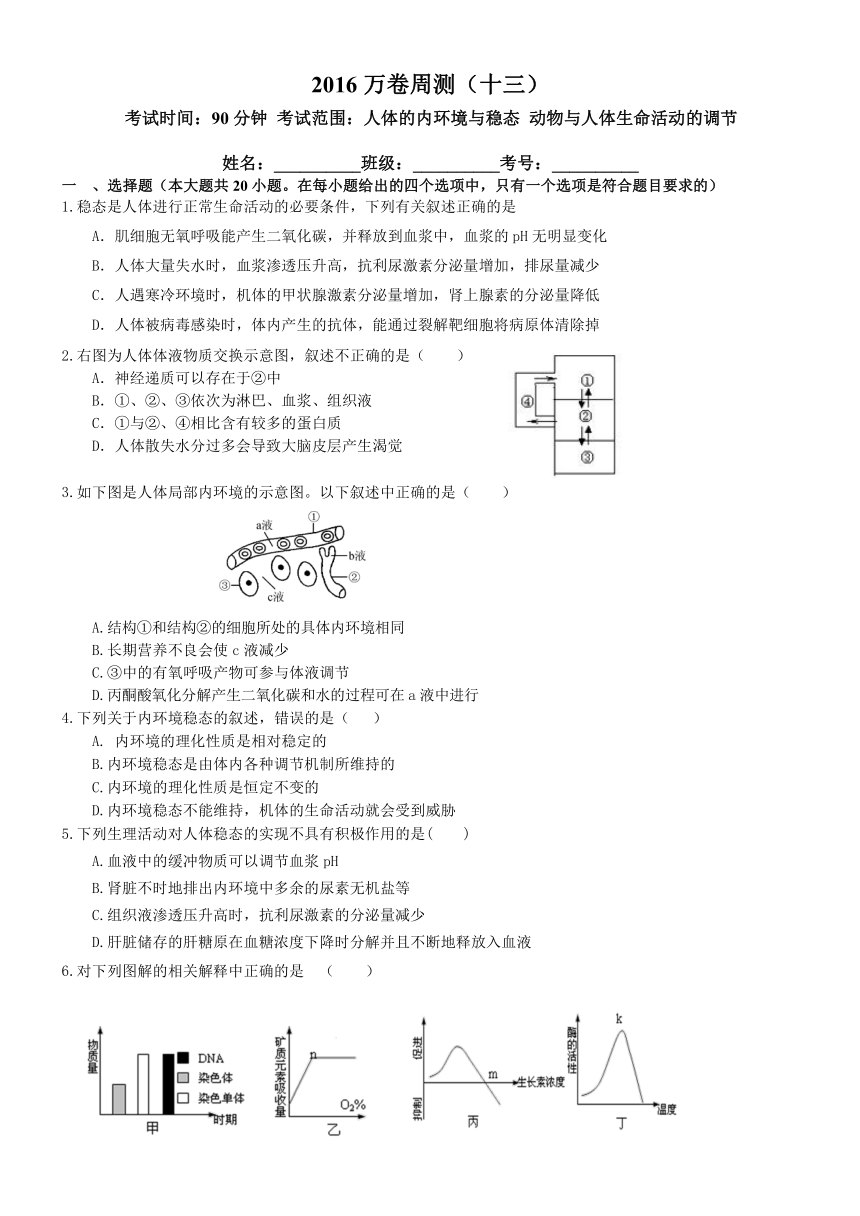 （衡水万卷）2016届高三生物二轮复习高考周测卷（含答案解析）周测（十三） 人体的内环境与稳态 动物与人体生命活动的调节