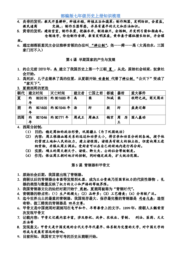 【部编版】七年级历史上册各课重点知识梳理