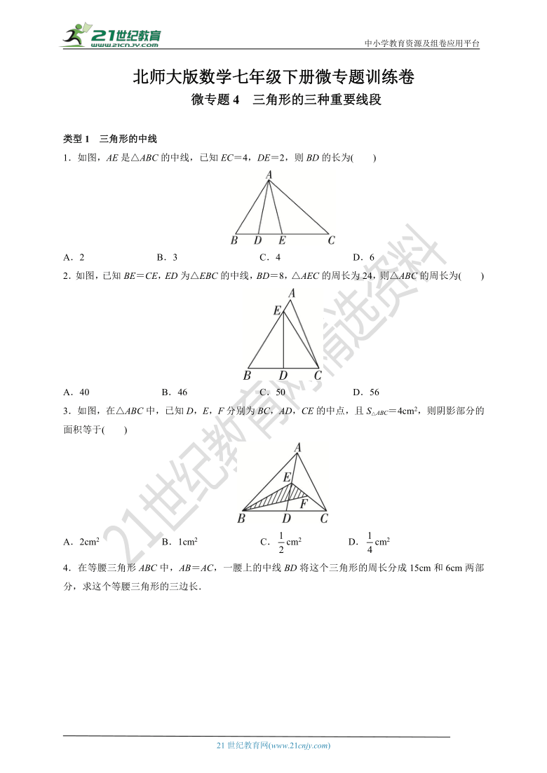【七下数学微专题训练】微专题4　三角形的三种重要线段(含解析)