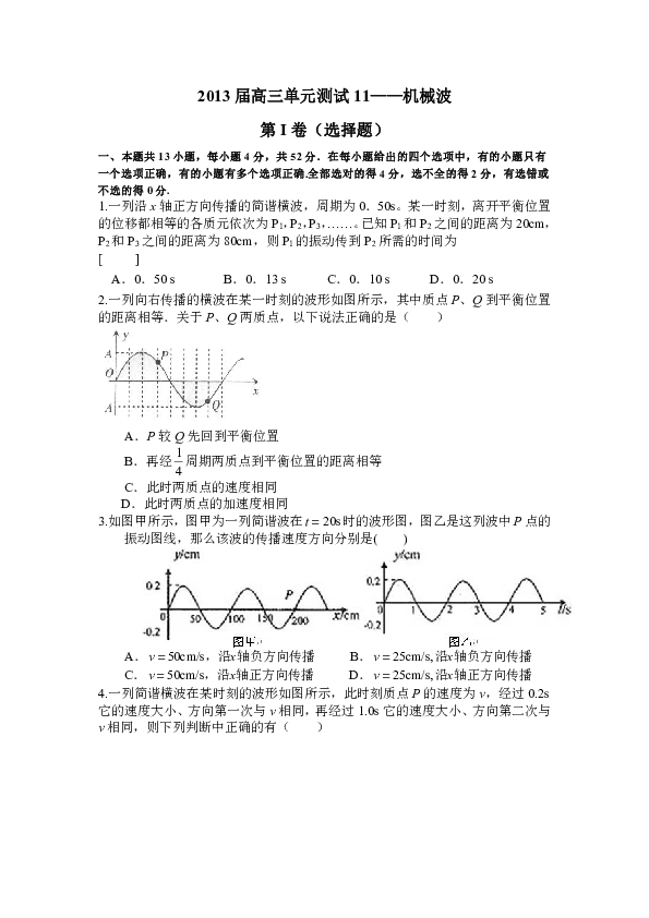 山东省新人教版物理2013高三单元测试11《机械波》