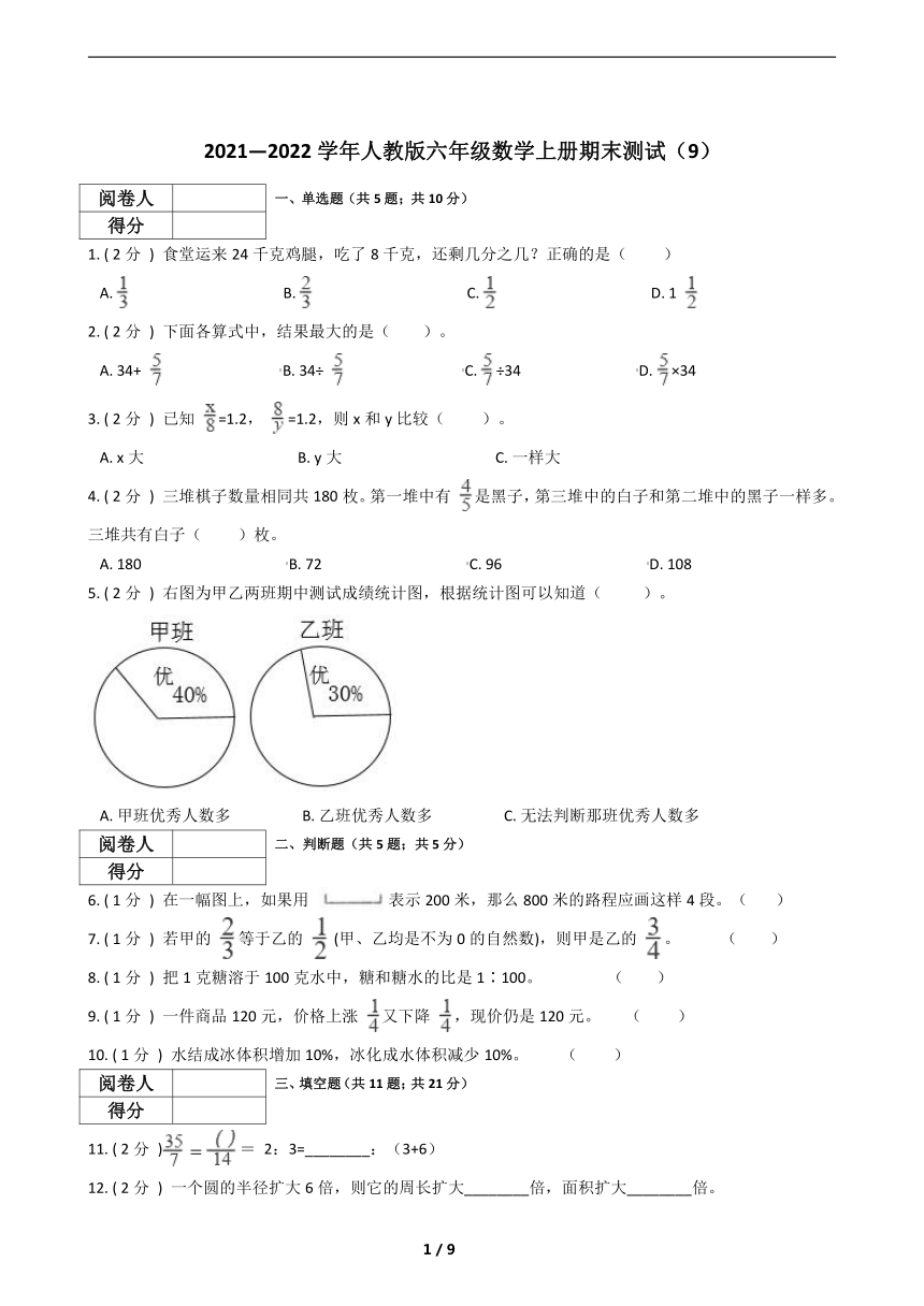 20212022学年人教版六年级数学上册期末测试含答案