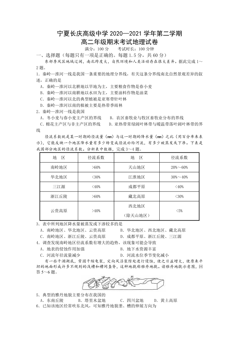 宁夏回族自治区宁夏长庆高级中学2020-2021学年高二下学期期末考试地理试卷 Word版含答案