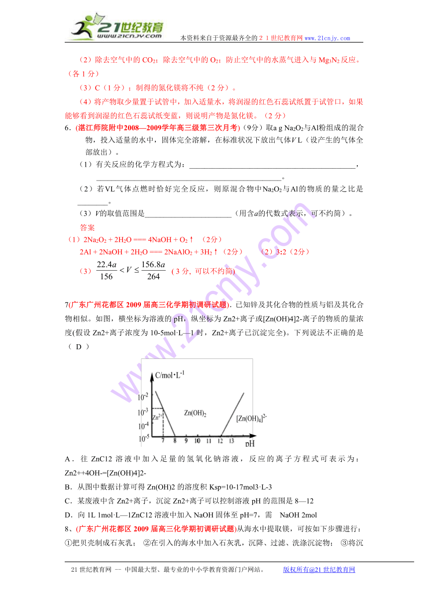 广东省2009届高三化学各地名校月考试题汇编镁铝及其化合物